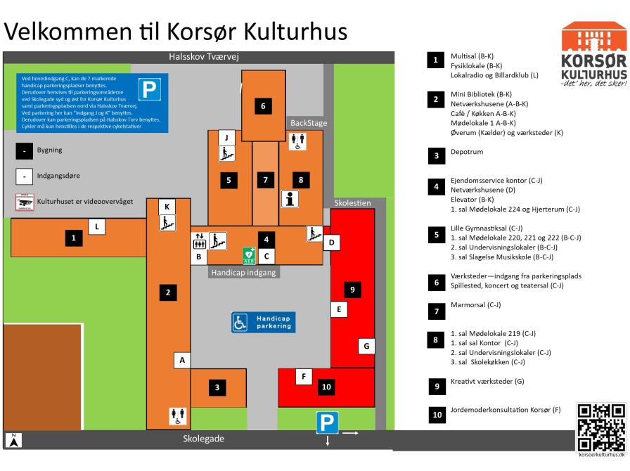 Oversigtskort med parkeringsområder og handicapparkering ved Korsør Kulturhus